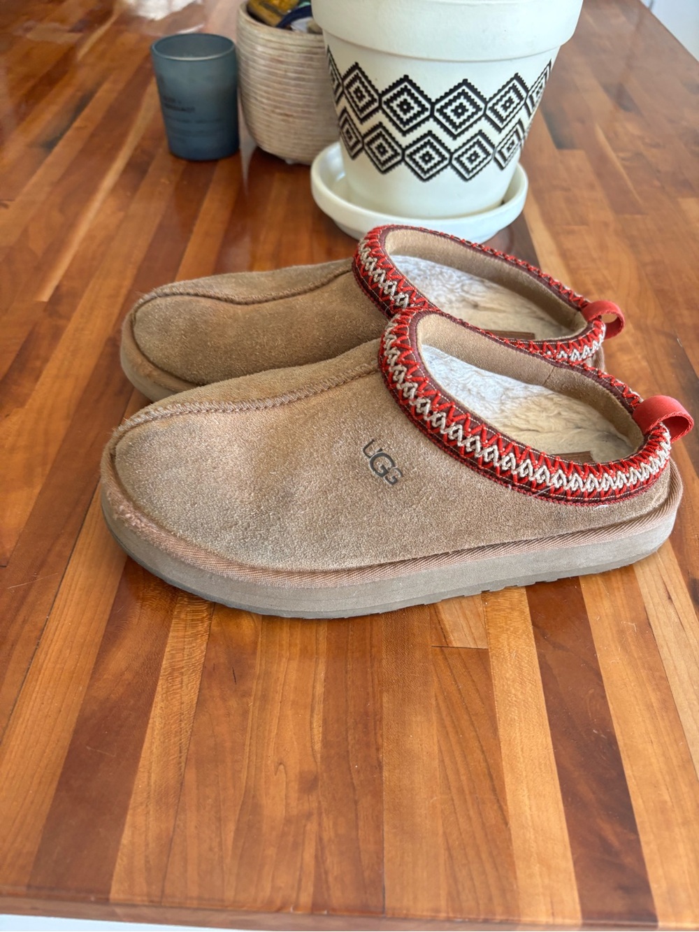 UGG Women's Suede Slip-On Slippers in Chestnut with Red Trim